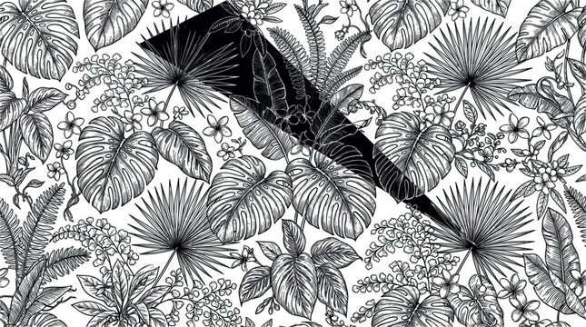 Vintage hand drawn sketch background of parrot silhouette perched in tropical jungle leaves isolated on white background botanical engraving style vector illustration template