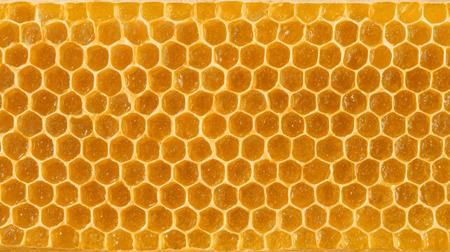 Full frame view of a golden yellow beeswax honeycomb filled with fresh shimmering liquid honey