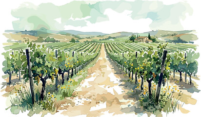 Obraz premium Beautiful watercolor vineyard landscape with rows of grapevines and rural path isolated on white background tuscany wine region graphic design vector illustration