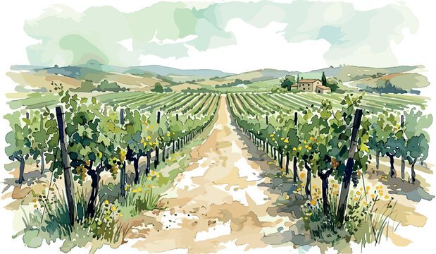Beautiful watercolor vineyard landscape with rows of grapevines and rural path isolated on white background tuscany wine region graphic design vector illustration