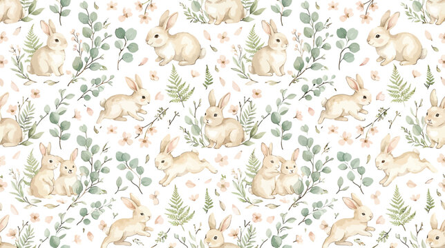 Seamless pattern with cute watercolor bunnies and green eucalyptus leaves for spring textile and nursery wallpaper design