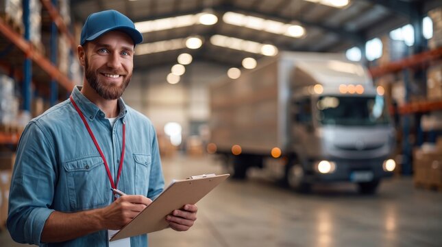 Smiling male warehouse worker holding clipboard and writing in distribution center with delivery truck on background, logistics and supply chain concept