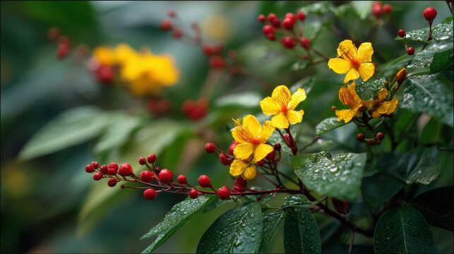 Bright yellow ochna integerrima flowers with small red berries on green bush. Tropical plant in rain with water droplet on leaf. Spring nature theme and botanical floral background.