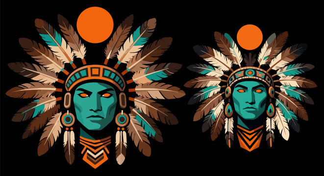 Native American warrior chief vector illustration, indigenous man with feather headdress, tribal leader mascot with turquoise face paint and orange sun