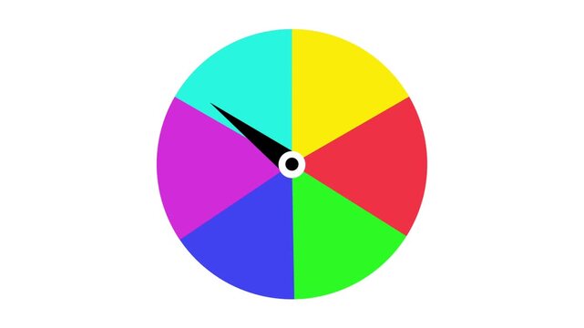 A colorful fortune wheel with multi-colored segments spins continuously around a center pointer against a clean white background.