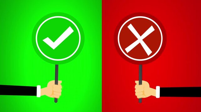 Two hands hold round green checkmark and red cross signboards that gently bob against a split background in a flat animation style.