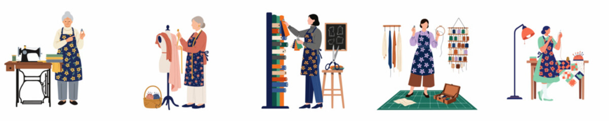 Flat illustrations of women of different ages engaged in sewing, tailoring, embroidery, and textile crafts in their creative workshops.