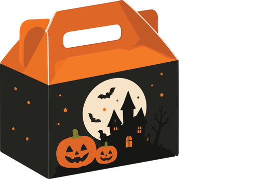 Halloween gable gift box flat vector illustration featuring spooky party favor packaging isolated on white background