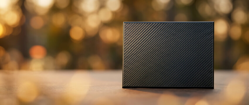 Abstract Digital Art Box with Illuminated Geometric Patterns on a Wooden Surface with Bokeh Background