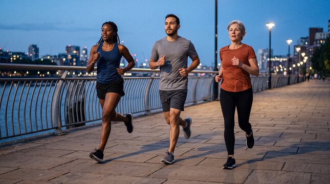 Drei L&auml;ufer joggen gemeinsam in der blauen Stunde auf einer Uferpromenade in der Untersicht vor der Stadt