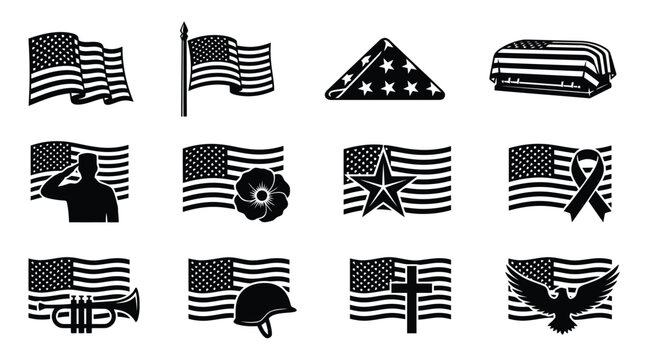 American flag combined with memorial and military symbols like soldiers, poppies, helmets, and crosses in black and white set