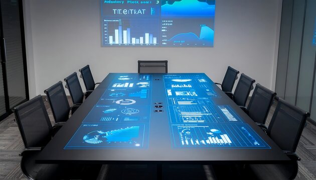 Modern interactive touchscreen conference table with data visualization