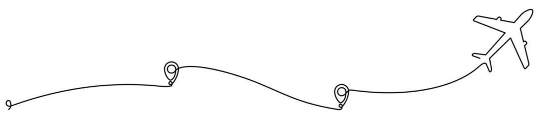 Fototapeta premium Airplane continuous line drawing with map pin pointers. Airplane flying with start point route. Travel destination symbol. Vector illustration isolated on white.