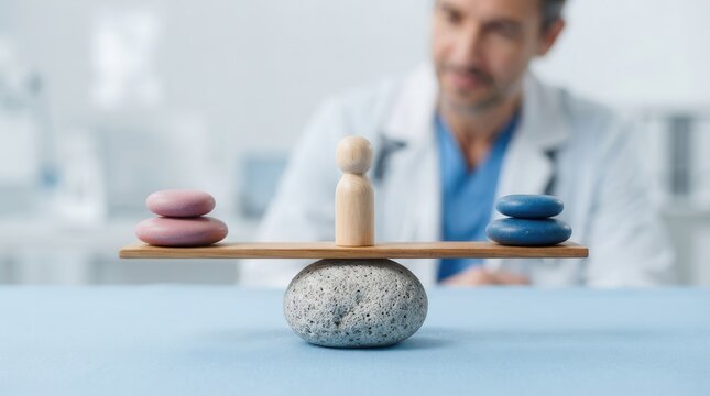A doctor carefully balances a small human figure between two stone cairns to represent life and health balance.