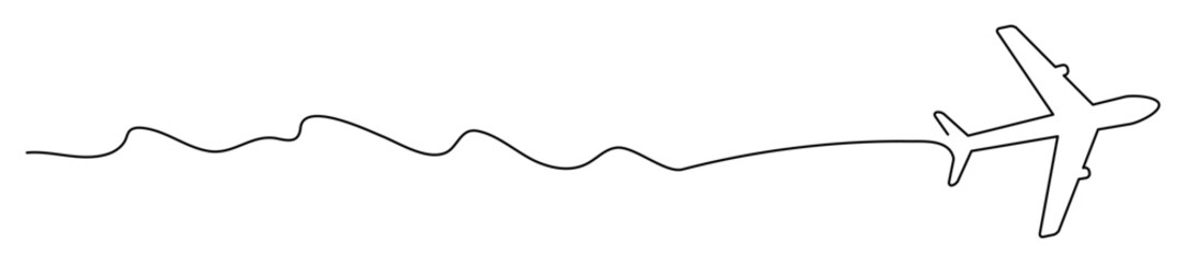 Obraz premium Airplane continuous line drawing. Plane flying path. Travel concept. Vector illustration isolated on white.