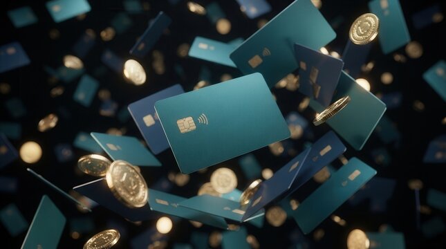 Sleek contactless payment cards and gold coins floating in a digital space.