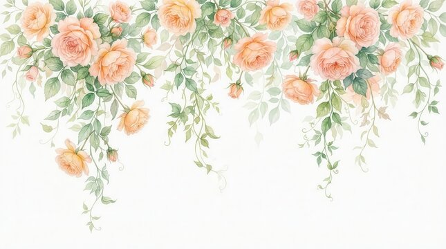 Elegant floral border featuring delicate watercolor peach roses and green vines.