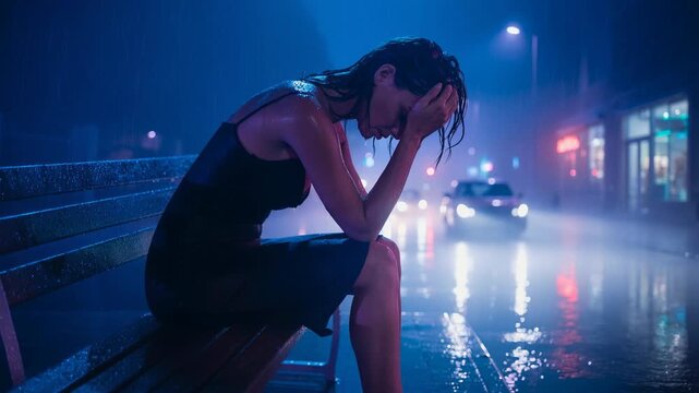 Emotional woman sitting on bench in rain at night with city lights and car in background