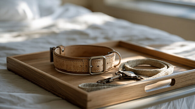 Vintage leather dog collar and well-worn retractable leash arranged on a hospital bedside tray table, senior pet ownership memory still life with soft diffused ward lighting,