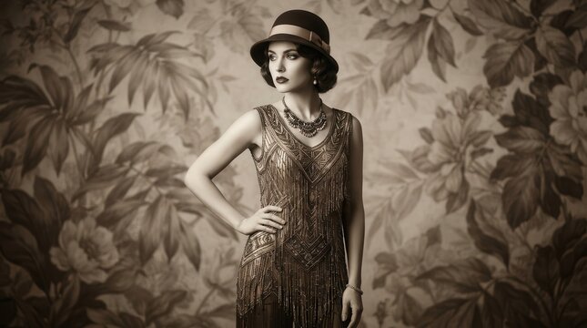 Stylish woman in 1920s flapper attire posing against vintage floral wallpaper.