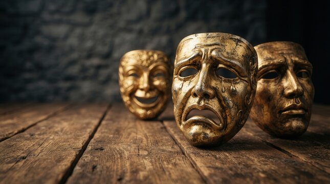Three golden masks depicting different emotions on a weathered wooden stage.