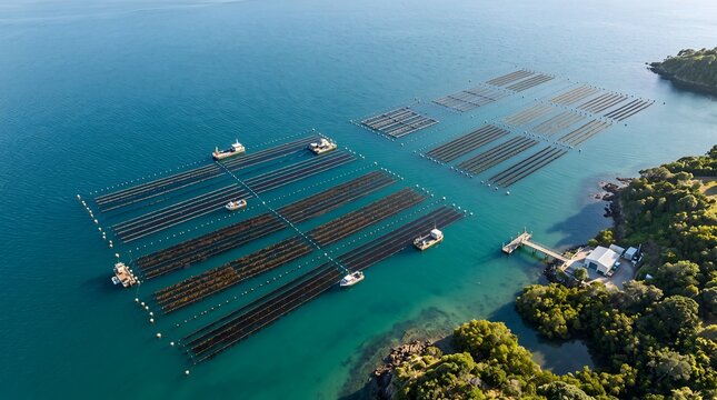 Oyster and mussel farm, aerial view of aquaculture in a sunny coastal bay with boats.