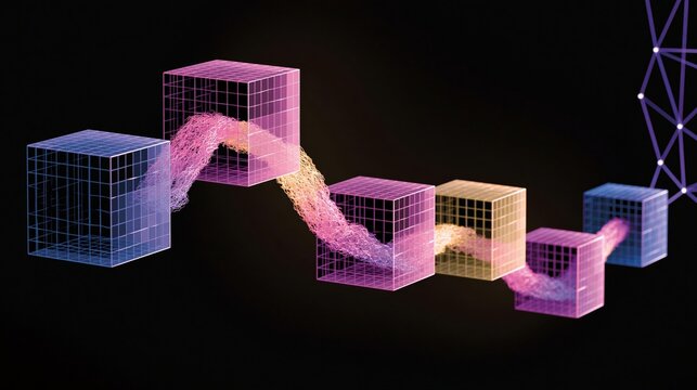 Glowing cubic structures transfer energy in a digital flow.