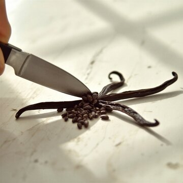 Knife cutting vanilla pod with coffee beans on a white background