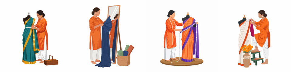 Fototapeta premium Panoramic illustration of an Indian woman fashion designer measuring, pleating, and draping various traditional sarees on mannequins in a studio setting.