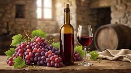 Fototapeta premium Rustic wine bottle with fresh grapes and cheese on wooden table.