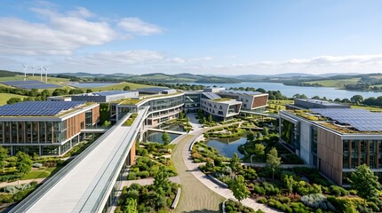 Obraz premium Modern eco-friendly corporate campus with solar panels, green roofs, and wind turbines.