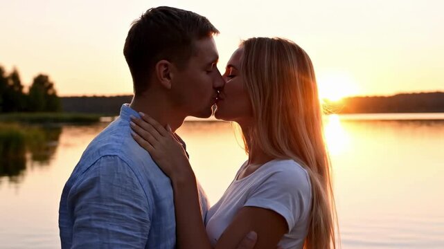 Romantic Couple Kissing at Sunset by the Lake During Golden Hour
