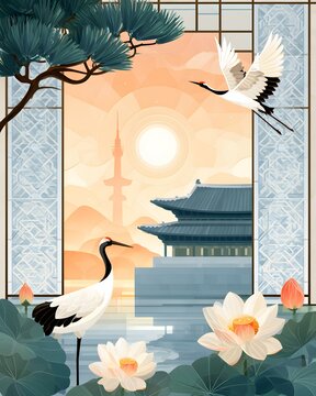 stained glass inspired illustration featuring Korean palace silhouettes, pine branches, lotus flowers, cranes and decorative geometric patterns, glowing artistic style