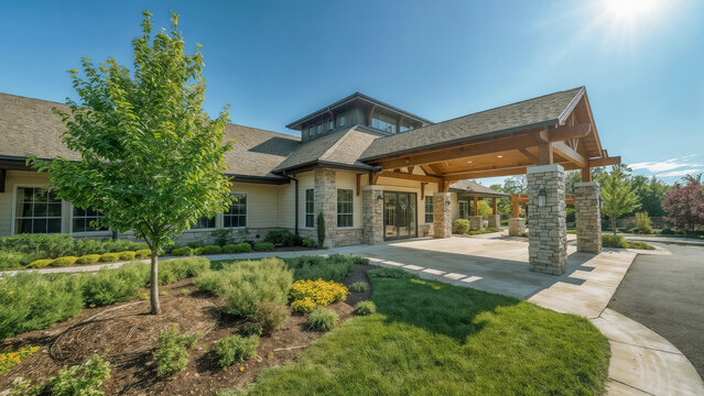 Stone pillars frame a covered entrance. Wood beams and shingles blend with the earthy tones. Lush green grass surrounds the pathway