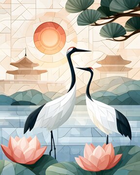 stained glass inspired illustration featuring Korean palace silhouettes, pine branches, lotus flowers, cranes and decorative geometric patterns, glowing artistic style