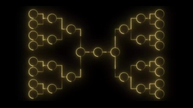Golden tournament bracket animation: digital sports competition and elimination chart overlay playoffs