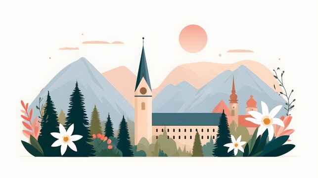premium flat vector illustration of Austria National Day featuring Alpine mountains, Edelweiss flowers, pine forests, historic architecture and elegant decorative elements, clean editorial design
