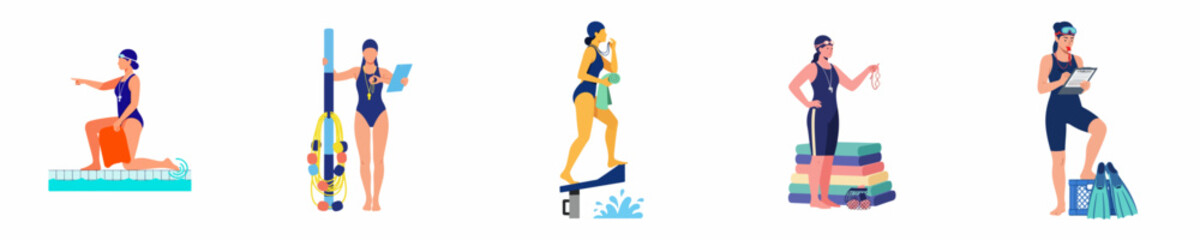 Set of flat vector illustrations featuring a professional female swimming coach in various poses and roles for pool training and safety. © Nadhirotul