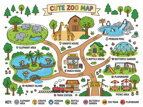 Kids zoo map illustration featuring elephant, giraffe, monkey island, playground, picnic area, simple vector design