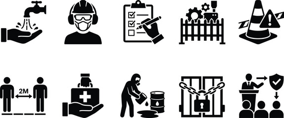 Obraz premium Workplace safety icons, occupational health illustration, risk management graphics, hygiene compliance training design, security protection concept silhouettes