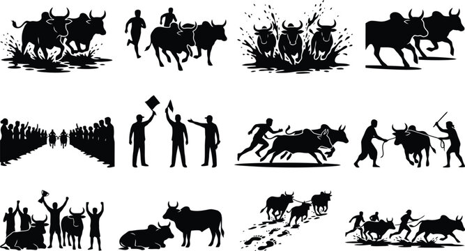 Black and white of bull racing, livestock in water, cheering crowds, and farmers with oxen in various rural competition scenarios