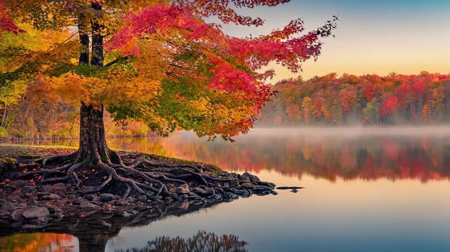 Beautiful autumn lake scene with colorful fall foliage and tree roots reflecting in calm water at sunrise