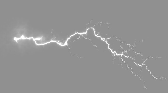 Monochrome electrical flash plasma storm overlay element. Abstract realistic lightning strike bolt set isolated on grey background.Futuristic electric power thunder discharge effect banner