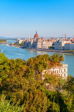 Hungarian Parliament building and Danube river viewed from Castle Hill in Budapest