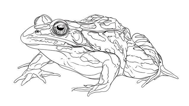 Detailed frog line art illustration white background.