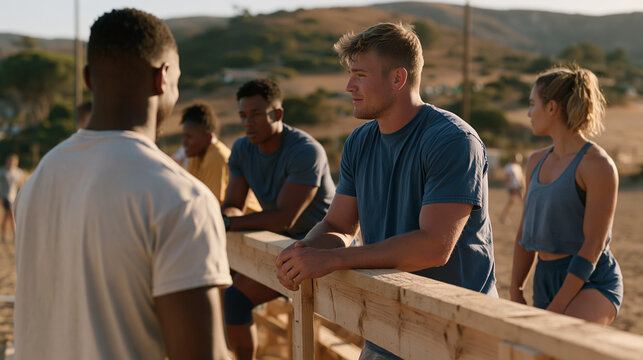 A group of athletic trainers in a quiet rural sports ground examine sustainable reclaimed timber bleacher restoration, discussing natural material quality in their facility