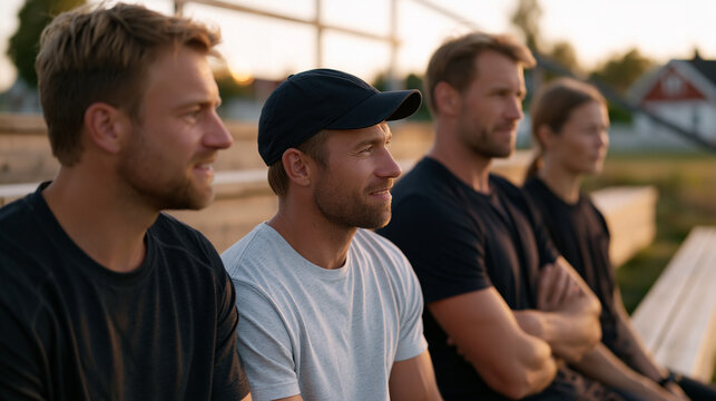 A group of athletic trainers in a quiet rural sports ground examine sustainable reclaimed timber bleacher restoration, discussing natural material quality in their facility