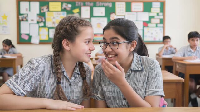 Schoolgirls whispering and sharing secrets in classroom. Diverse preteen students talking during lesson in modern school. Medium shot with panning camera movement.