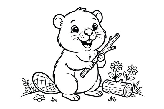 Cute cartoon beaver holding a wooden stick for a fun coloring page for young children to color