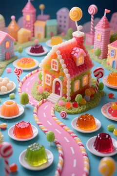 Whimsical miniature candy house made of colorful gummy candies and jelly beans in a sweet candy town with lollipops, jelly desserts and a pink candy road, magical fantasy dessert world 3D concept art
